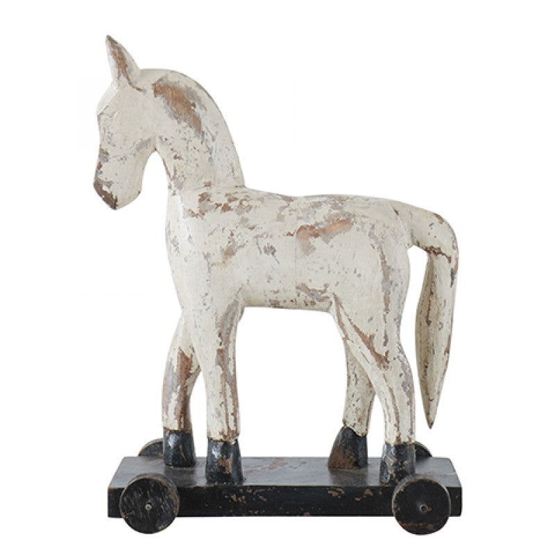 WHITE WOODEN HORSE ON WHEELS
