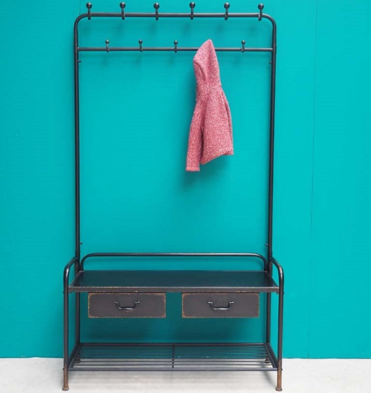 BLACK METAL GARDEROBE STAND WITH 2 DRAWERS