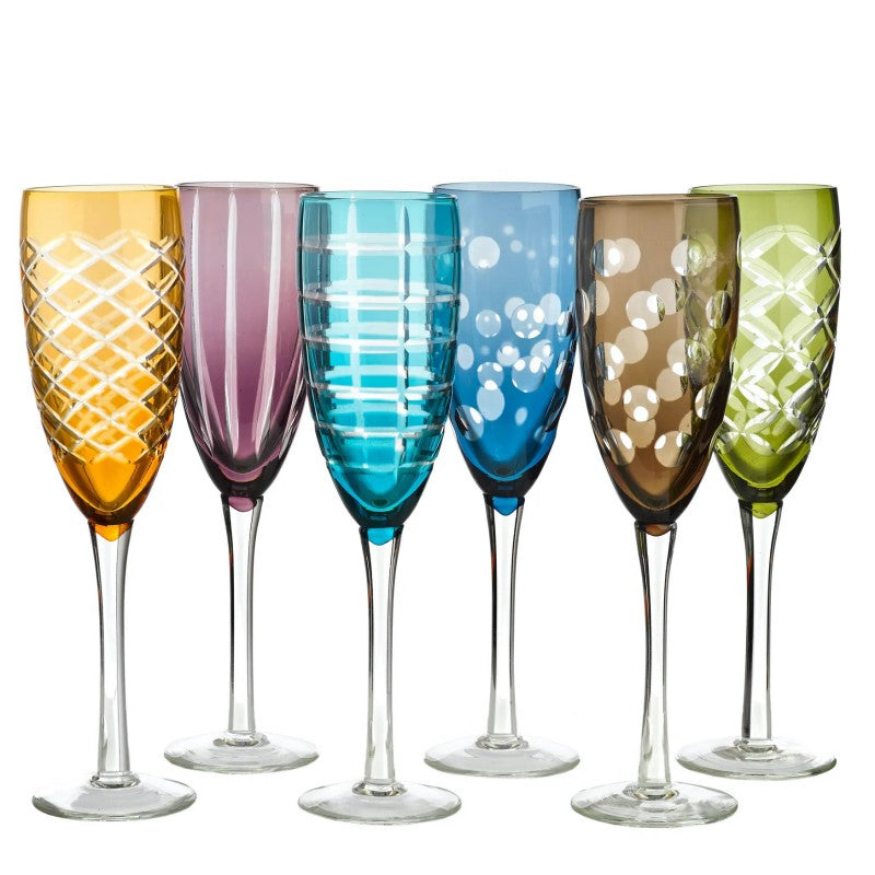 CHAMPAGNE GLASS CUTTING SET OF 6 MIX COLOR