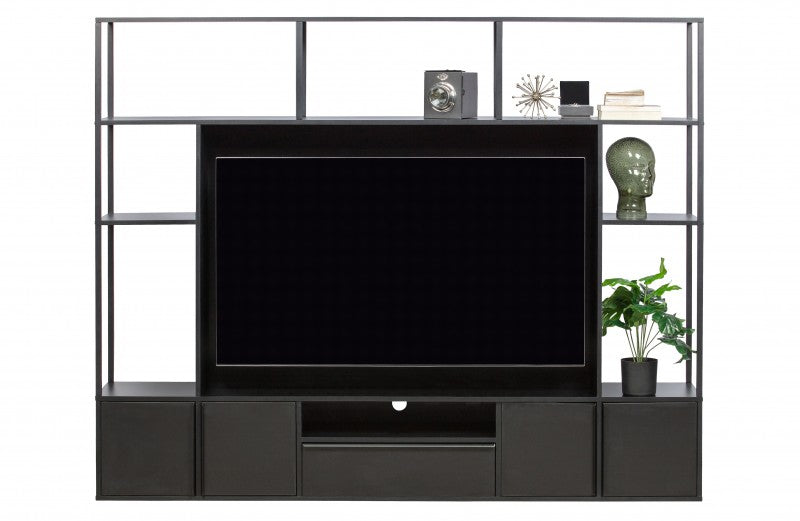 TV CABINET BLACK METAL WITH SHELVES
