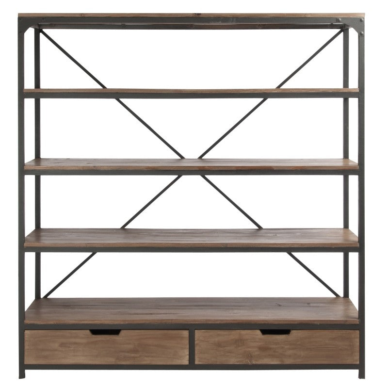 RACK BROWN WOOD METAL 4 SHELVES 2 DRAWERS 190