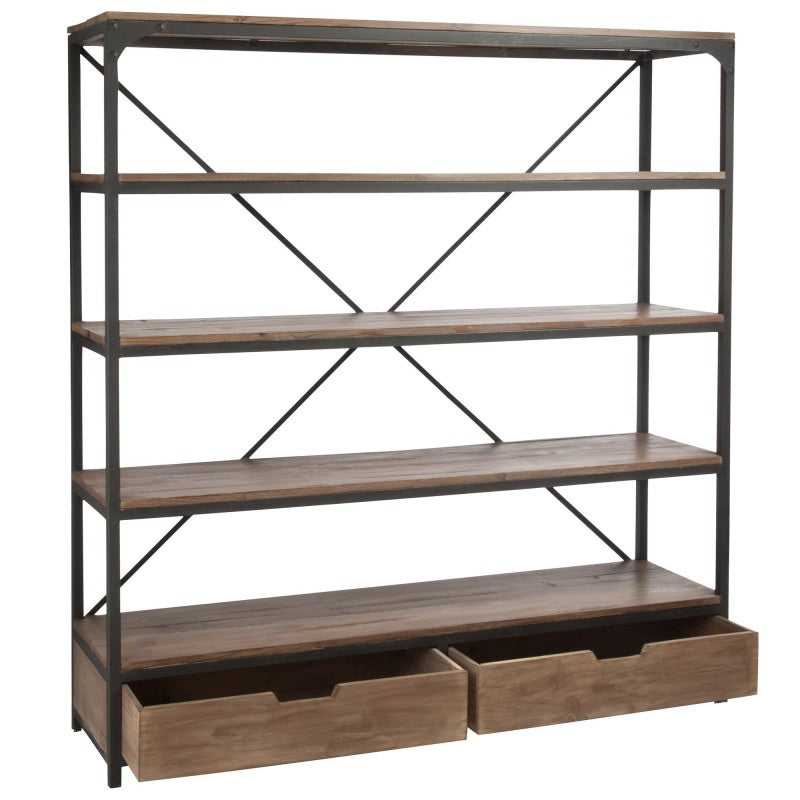 RACK BROWN WOOD METAL 4 SHELVES 2 DRAWERS 190