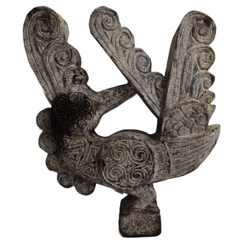 VINTAGE WOOD PEACOCK STATUE ON BLACK STAND