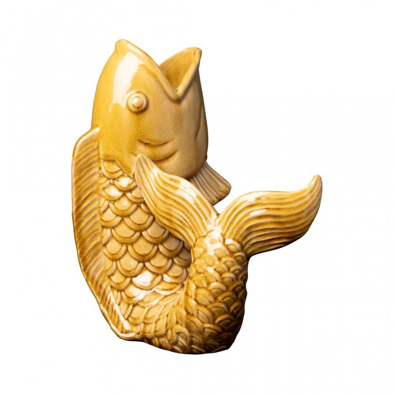 LARGE MUSTARD STONEWARE FISH VASE 30