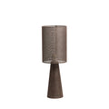 Micy table lamp with a tall raw linen cylindrical shade and tapered earthy-toned base