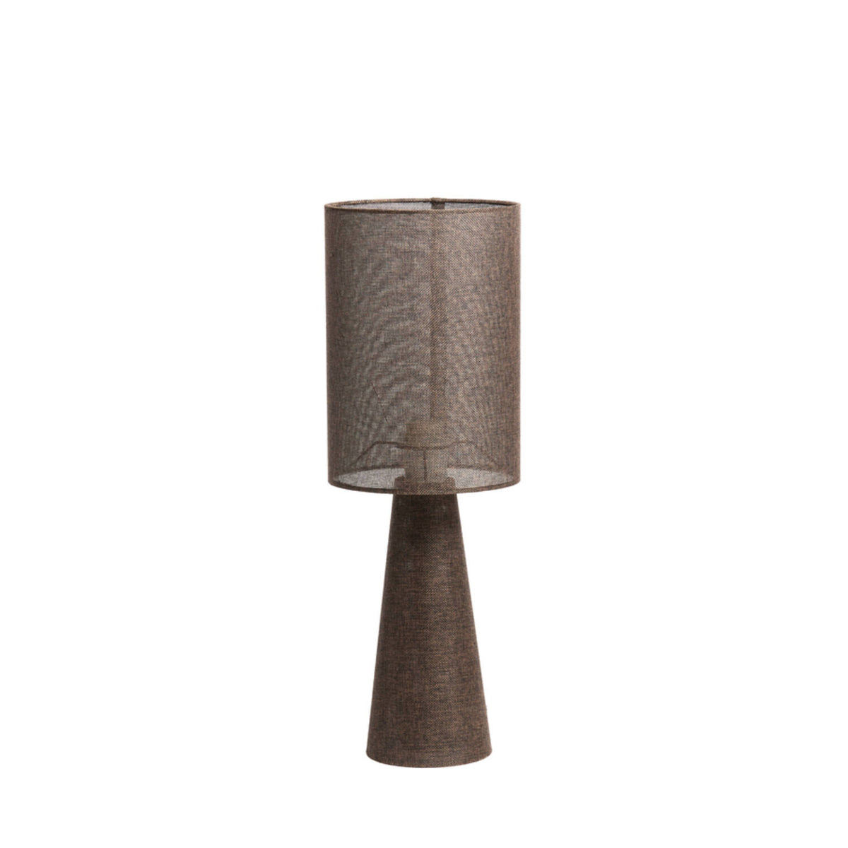 Micy table lamp with a tall raw linen cylindrical shade and tapered earthy-toned base