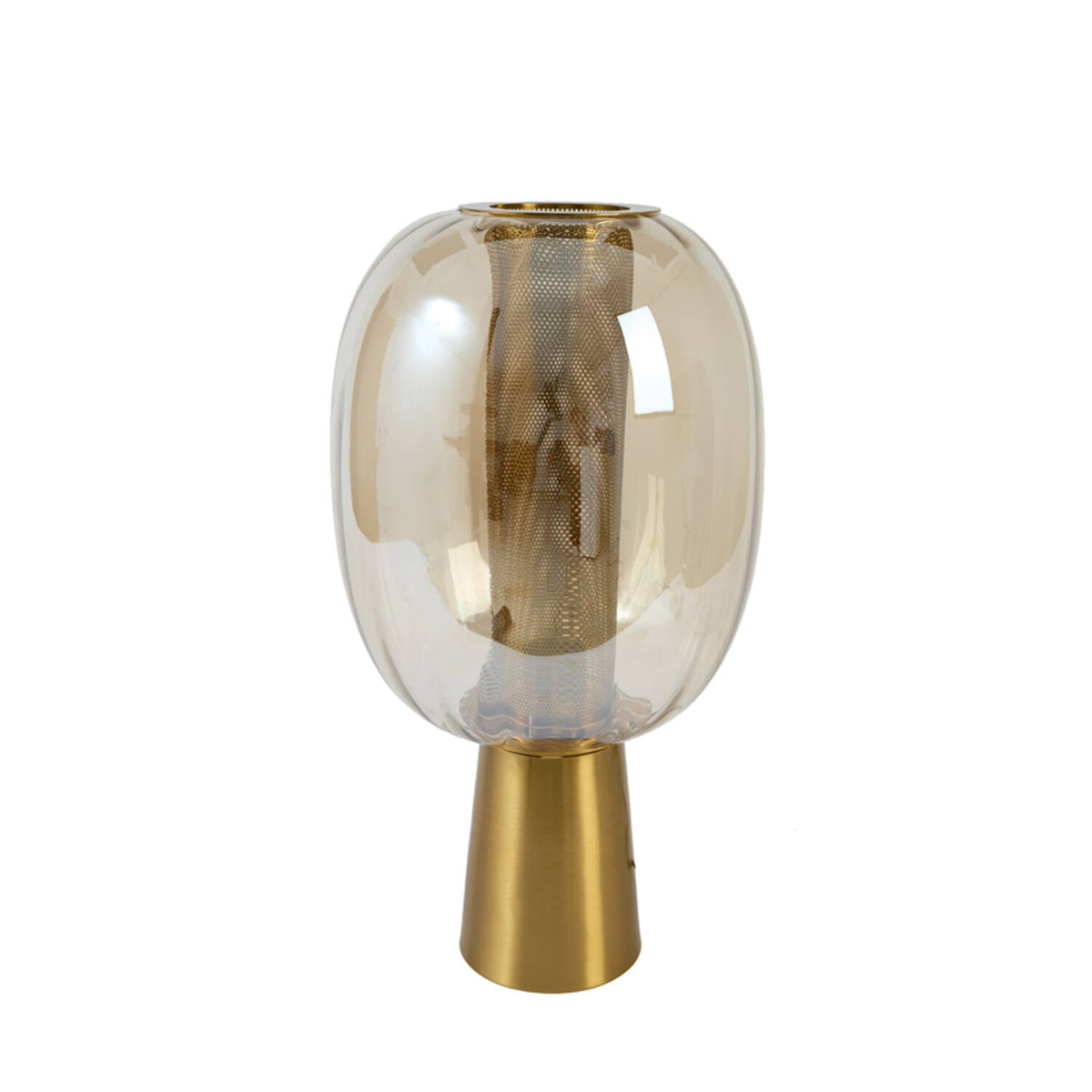 Mind table lamp with rounded glass shade, patterned inner cylinder and antique bronze base