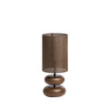 Dan 2 table lamp with two rounded brown wood-grain forms and an earthy cylindrical shade