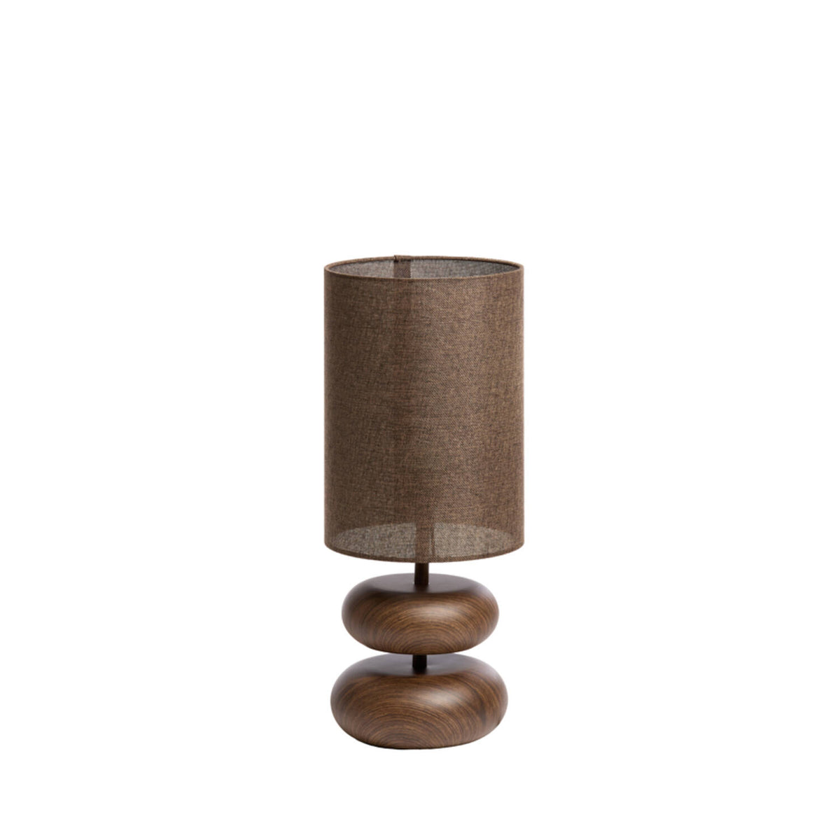 Dan 2 table lamp with two rounded brown wood-grain forms and an earthy cylindrical shade