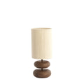 Dan 2 table lamp with two rounded brown wood-grain forms and a textured cream cylindrical shade