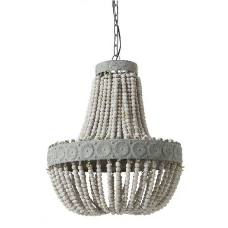HANGING LAMP WOOD BEADS OLD WHITE