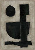 Framed abstract painting with black geometric shapes on a textured grey background